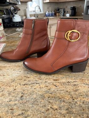 Paul Green Cognac Leather Ankle Boots with Gold Buckle